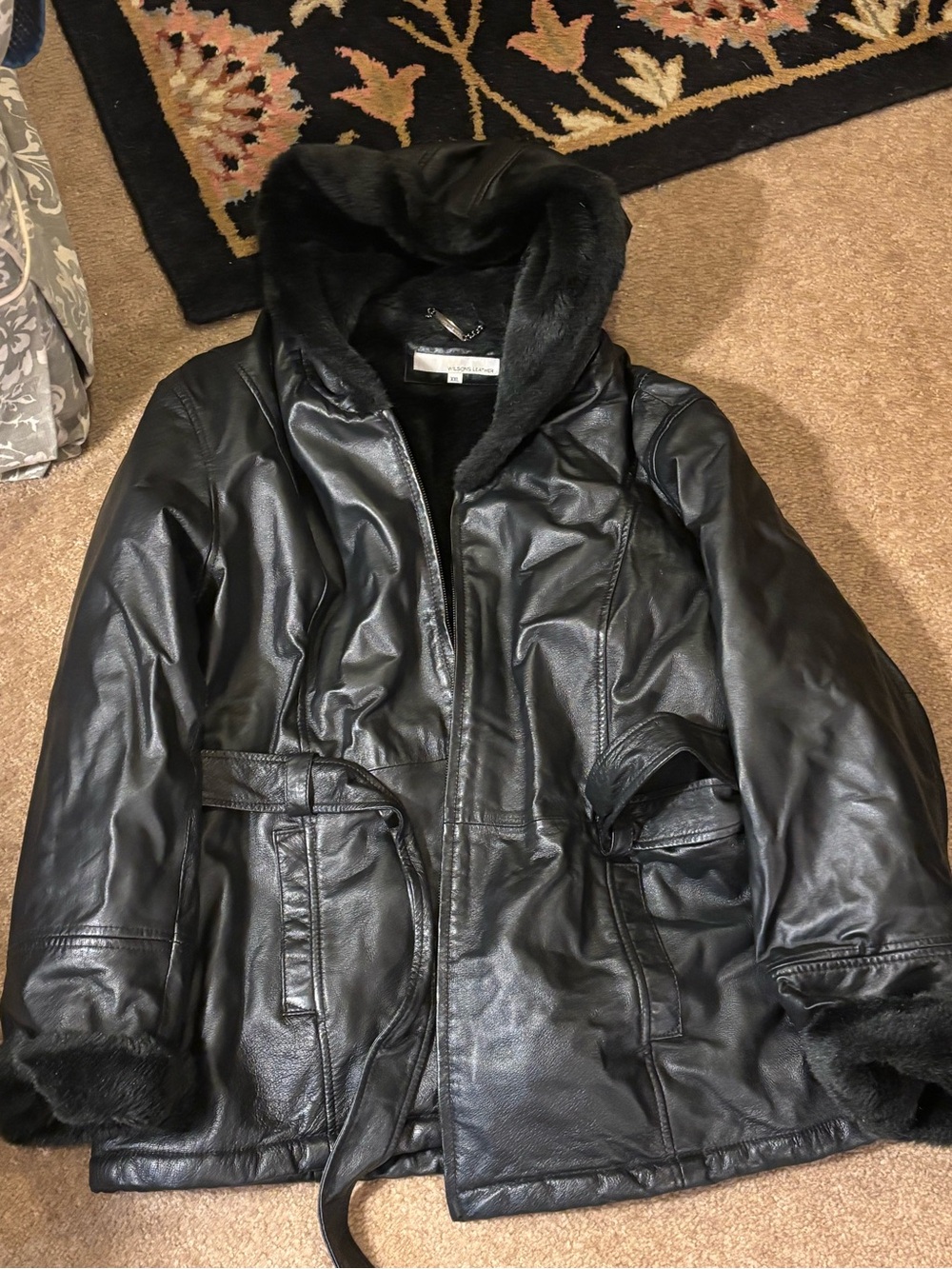VTG Wilsons Leather Fur Lined Hooded Jacket Belted Trench Coat Black Womens XXL